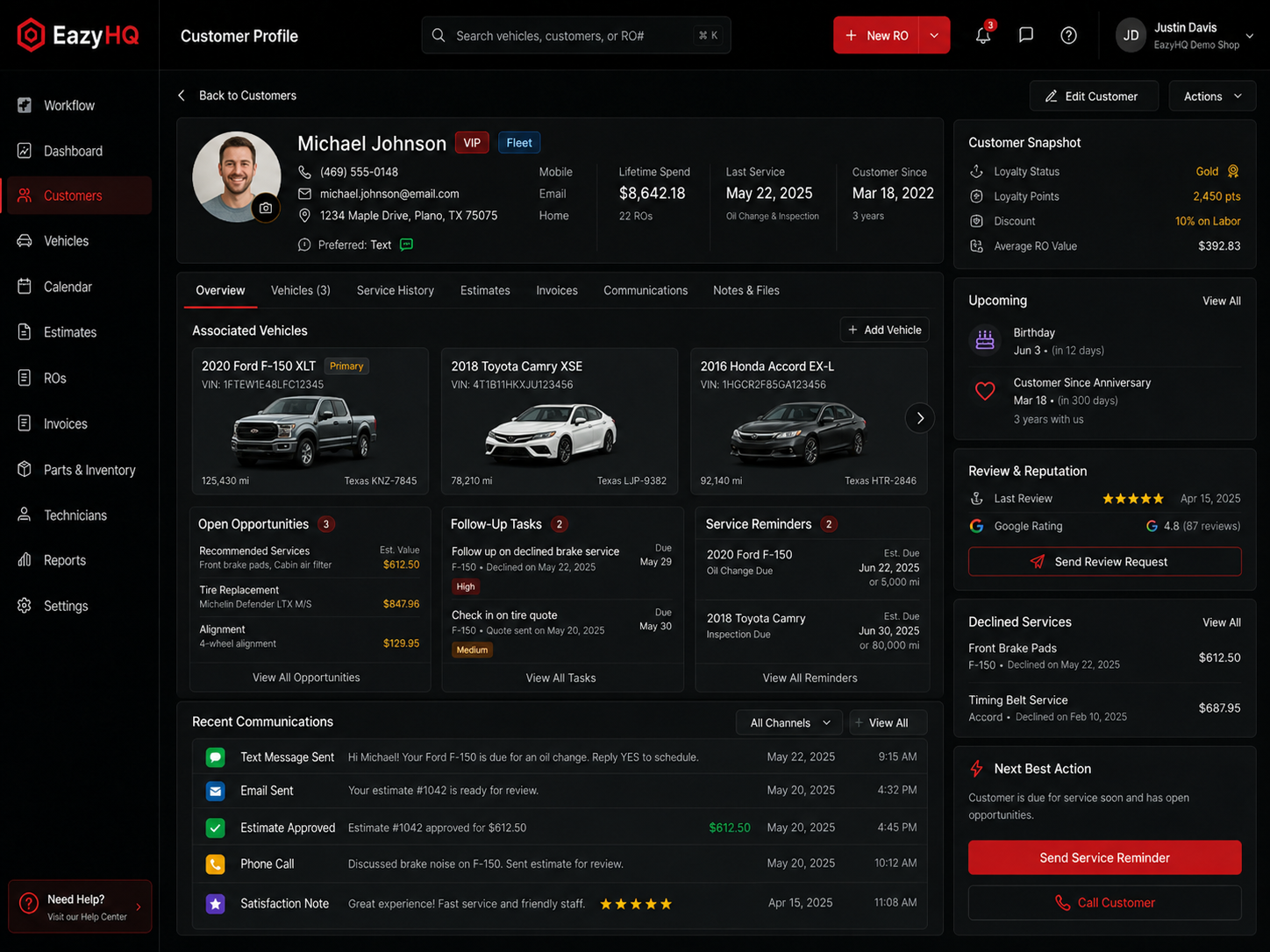 Customer and vehicle service profile
