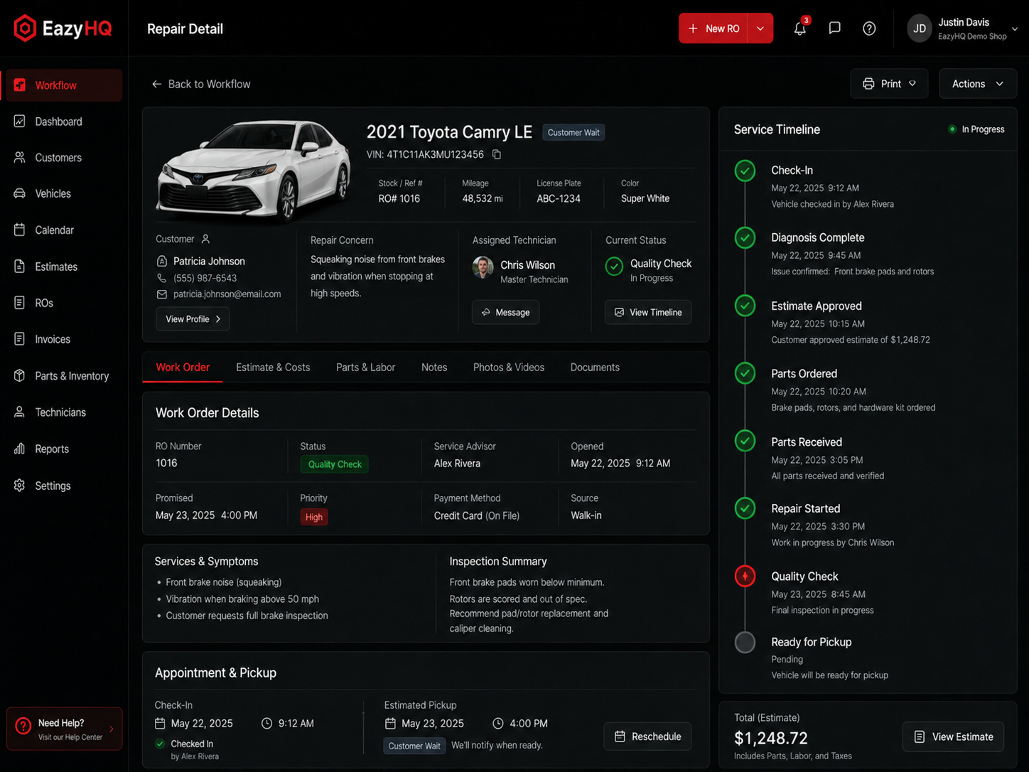 Repair detail and service timeline
