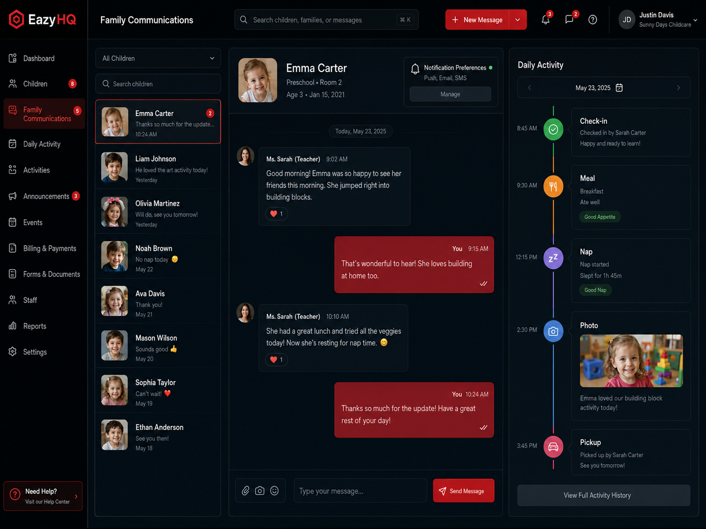 EazyHQ family communications and daily activity workspace