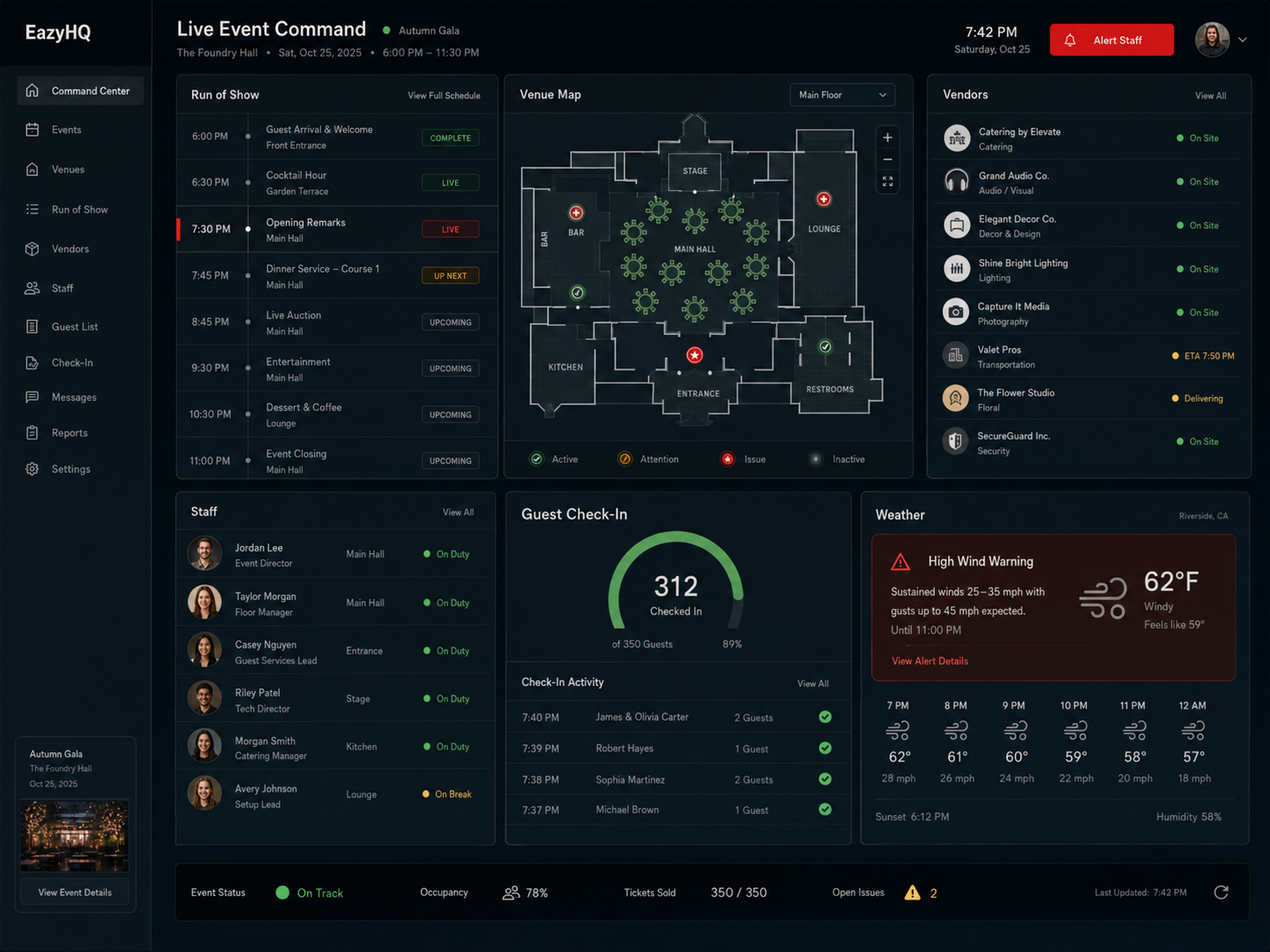 EazyHQ live event command center with venue map, run of show, vendors, staff, guest check-in, and weather