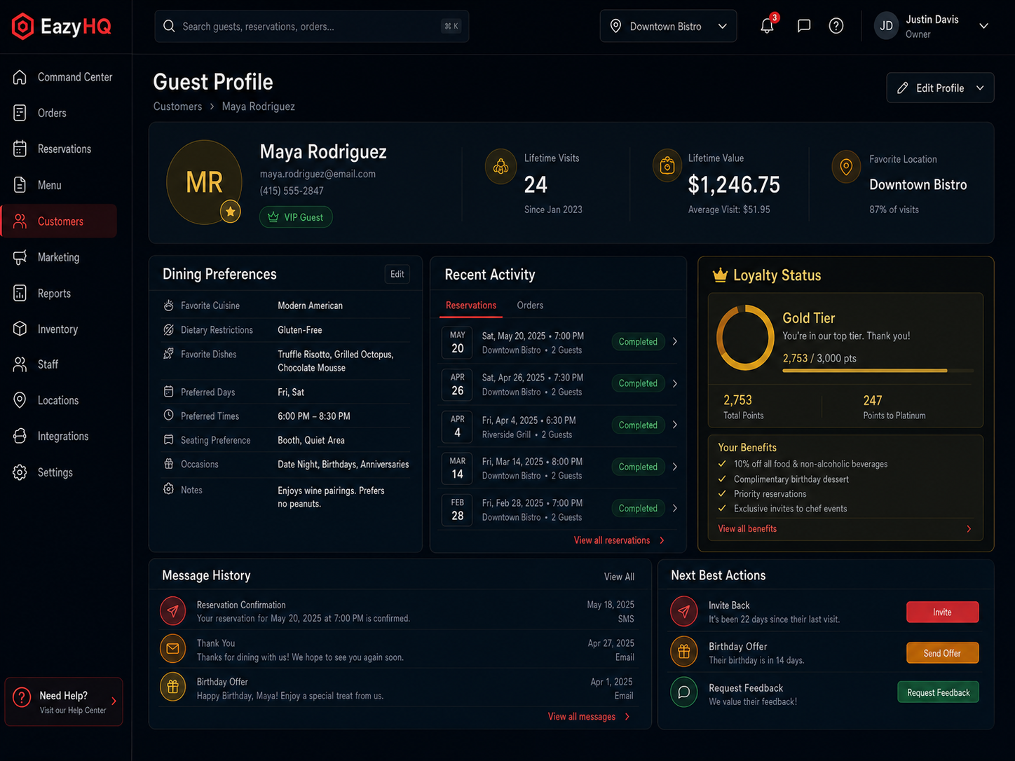 EazyHQ restaurant guest profile and loyalty workspace